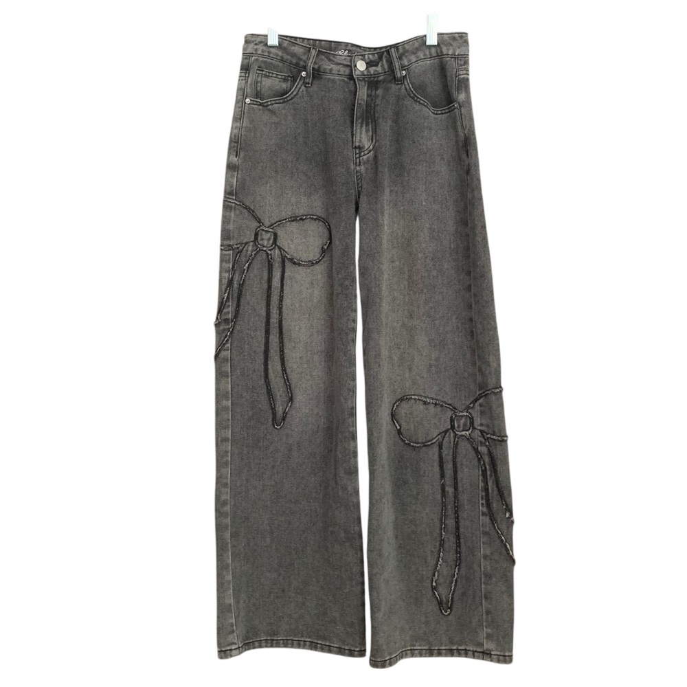Blue Asphalt Gray Washed Wide Leg Flare Jeans Bow Details Boho Festival Sz S